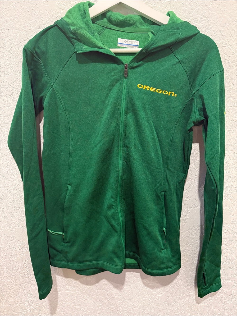 Columbia Green Full-Zip Hooded Jacket with Yellow Oregon Logo, women’s S